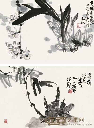 黄继玲 王玉珏 花卉 镜心（二开） 35×52cm×2